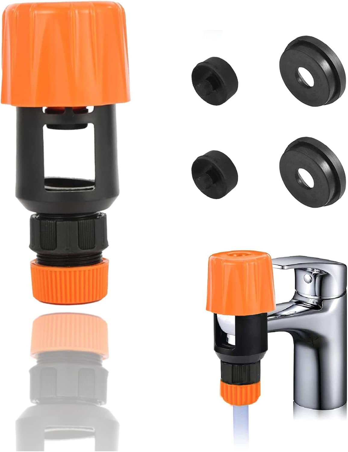 Grantop Tap Connector Universal Quick Fitting Hose Connector Mixer Tap Adjustable Faucet Adapter with 4 Replacement Washers for Garden Bathroom Kitchen Indoor Outdoor Hose Pipe (Orange)