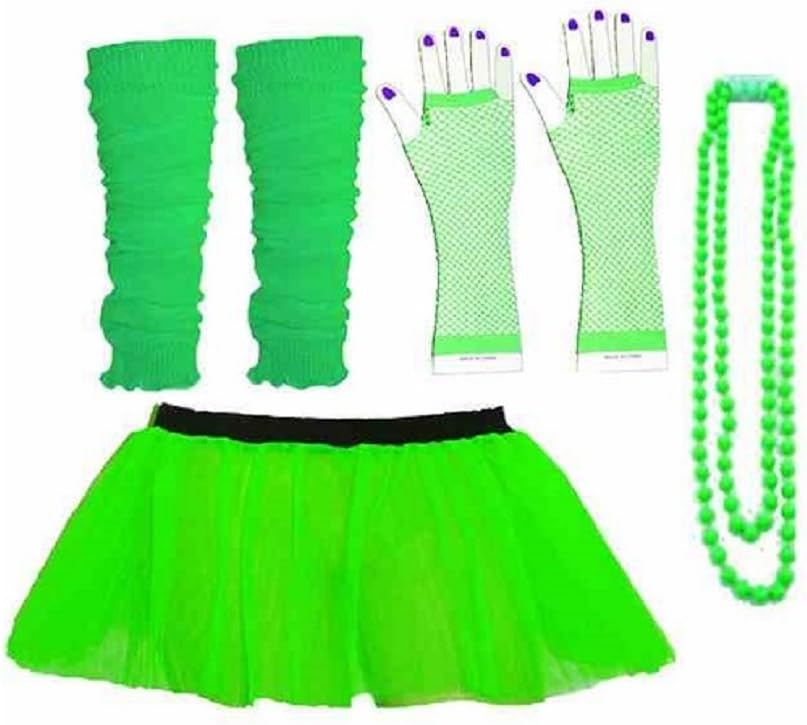 Four Piece Adult Neon Green Tutu Set Tutu Legwarmers Fishnet Gloves Beads 80s Fancy Dress Costume