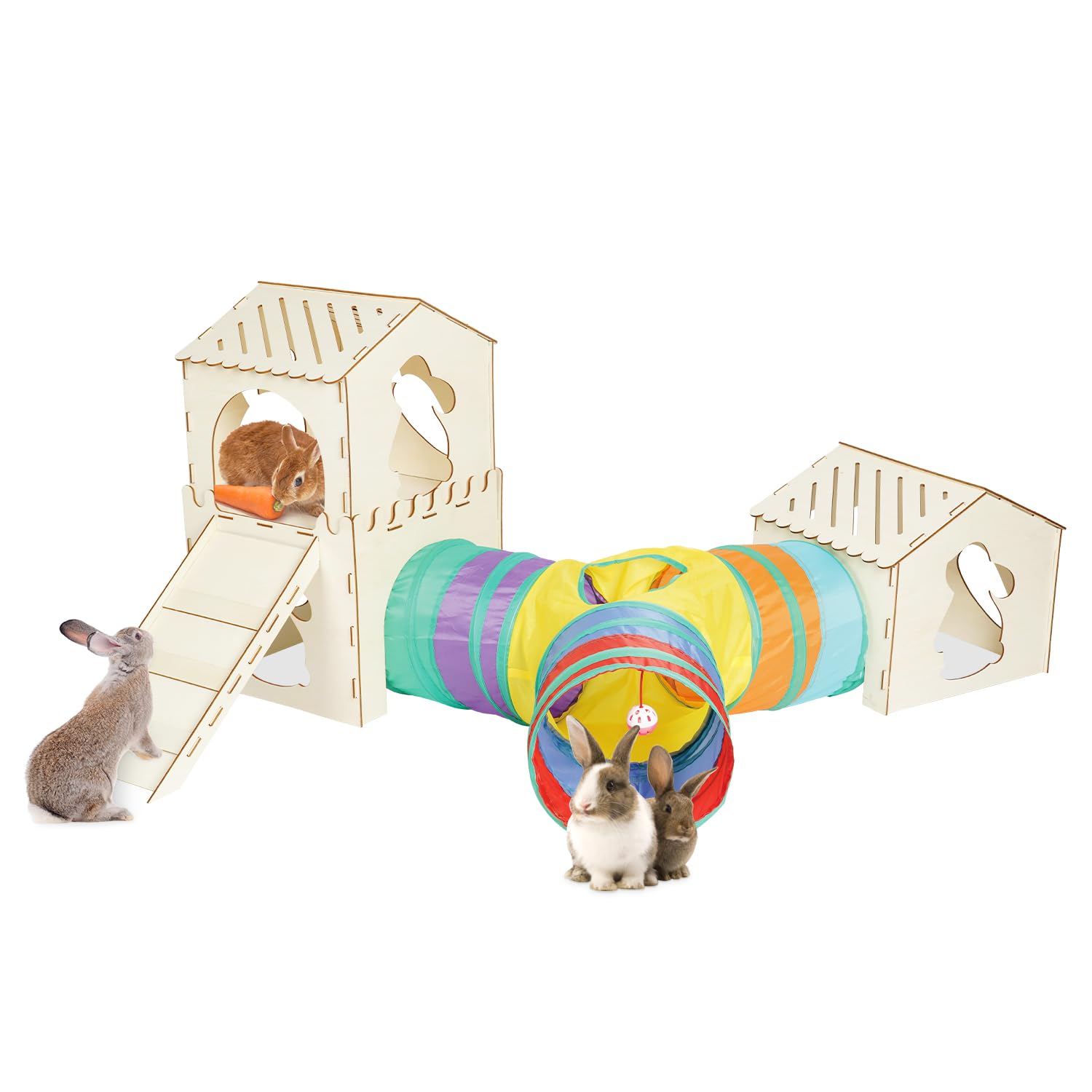 Photo 1 of Extra Large Sturdy Rabbit Hideout with 3 Way Tunnels, Wooden Bunny Castle with Stairs, Rabbit Hideout Castle Tower Toys for Indoor Outdoor Play