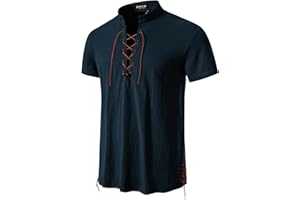 JEMITOP Men's Pure Cotton Vintage Short Sleeve Lace Up Shirts for Renaissance Pirate Viking Medieval Costume