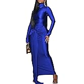 Vakkest Women's Long Sleeve Formal Maxi Dress Bodycon Elegant Ruched Tie Front Party Wedding Guest Evening Dresses