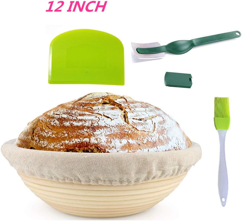 WYCY 18CM Round Bread Basket 7IN Banneton Proofing Basket Natural Rattan Bowl for Dough and Bread for Home Bakers (with Cloth Liner, Dough Scraper, Bread Lame, Silicone Brush) (30CM)