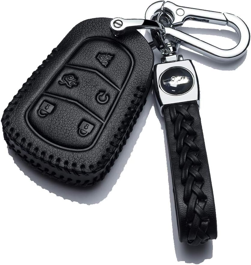 for Cadillac Key Fob Case with Sturdy Keychain, Genuine Leather Keyless Smart Key Fob Cover for Cadillac Escalade CTS SRX XT5 ATS STS CT6 (5 Buttons Black)