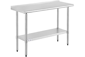 ROCKPOINT Stainless Steel Table for Prep & Work with Backsplash 18x48 Inches, NSF Metal Commercial Kitchen Heavy Duty Table with Adjustable Under Shelf and Table Foot for Restaurant, Home and Hotel