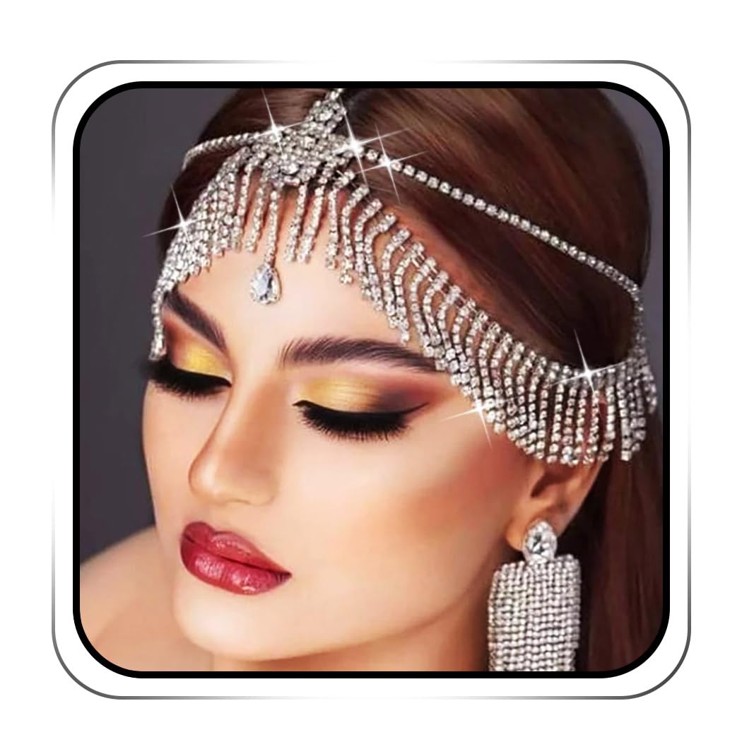 IYOU Vintage Rhinestone Head Chain Silver Sparkly Crystal Headpiece Tassel Layered 1920s Hair Band Bridal Wedding Hair Accessories for Women