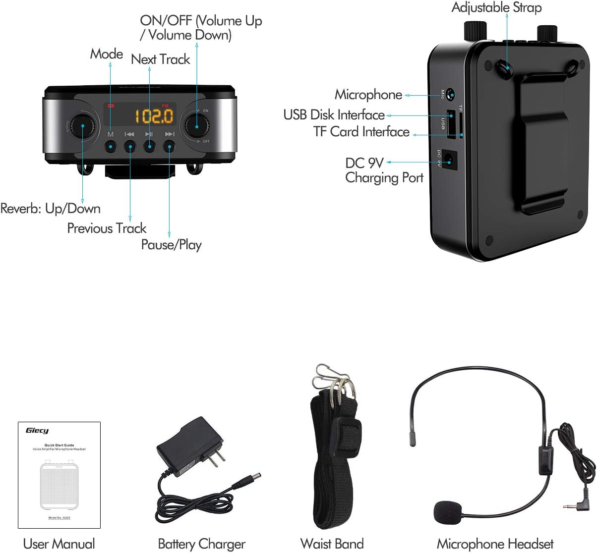 Giecy Voice Amplifier Portable Bluetooth 30W 2800mAh Rechargeable PA System Speaker for Multiple Locations Such as Classroom, Meetings and Outdoors: Musical Instruments
