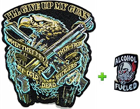 Really Rare!! Punk Fashion Cloth Attached Adhesive Motorhead Iron On/sew on Large Size Patch Eagle w/ Gun &amp; Small Skull Helmet Head Embroidered Biker Jacket