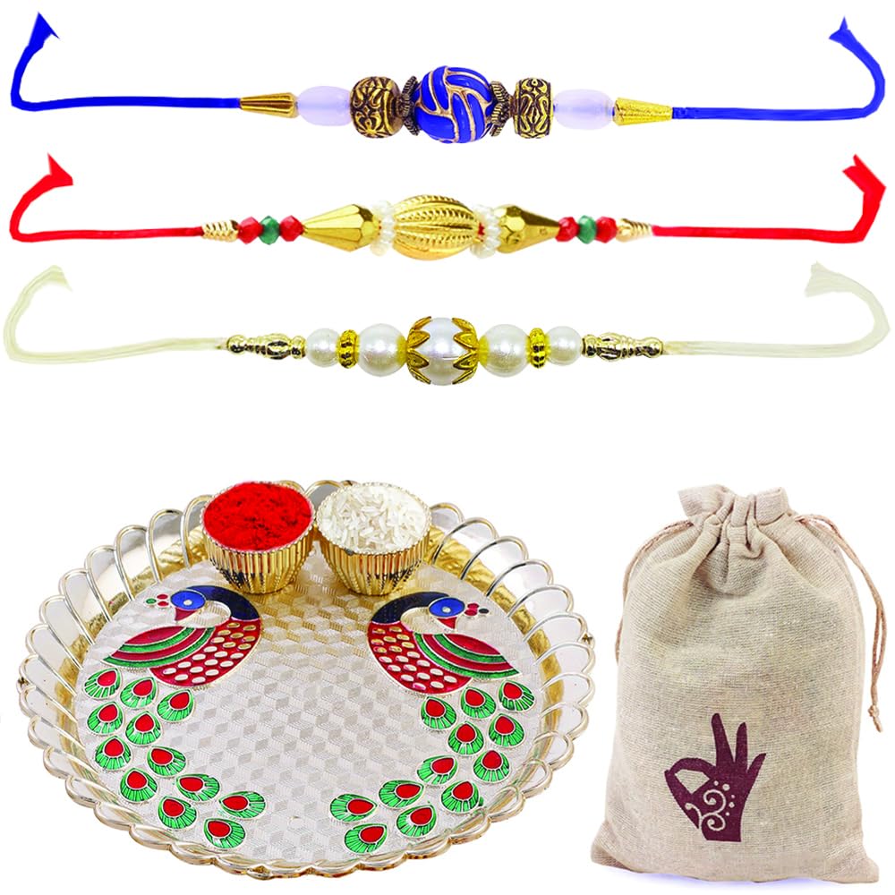 Hathkaam 5 Pieces Designer Rakhi for Brother and Bhabhi Set with Plate Traditional Decorative Rakhi Combo Set , Two Vatis 3 Pieces Rakhi Set for Brother with Platter Rakhee Gift for Rakhsha Bandhan (HKRP00403)