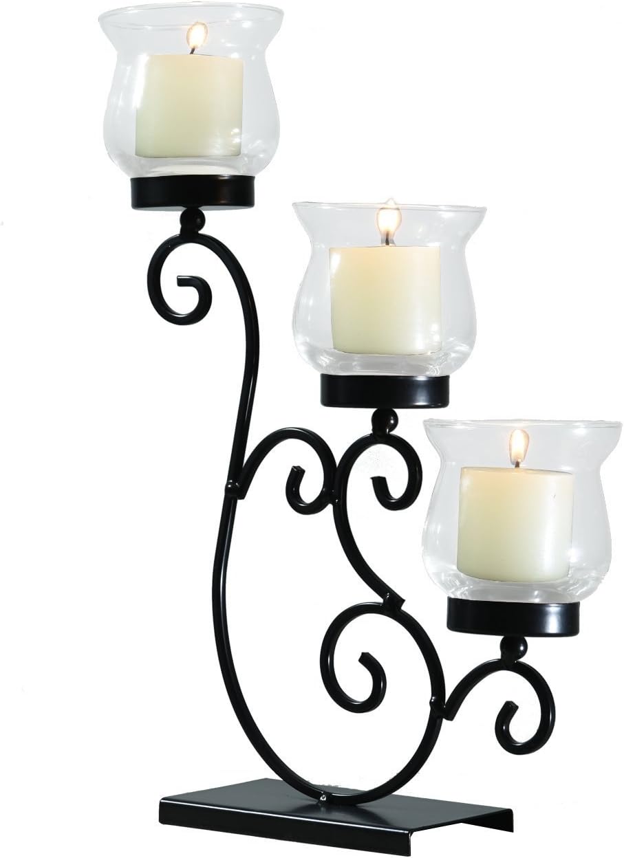 Asense Antique Iron Candle Holders with Glass, Wave Bubs Style, Table Standing Candle Holder Pillar, No Include Candle (Wave Bubs Style)