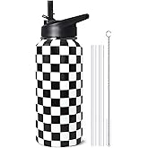 TWBDMKC 32oz Checkered Stainless Insulated Aater Water Bottle with Straw,Checkered Gym Hiking Sports Coffee Mug Cup Water Bottles,Checkered Gifts for Women,Checkered Decor Stuff Accessories