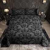Feelyou Adults Gothic Comforter Set Queen Size Dark Olive Green Damask Comforter Death Moth Bohemia Boho Bedding Set Goth Skull Duvet Set Vintage Victorian Baroque Floral Quilt Set 3Pcs
