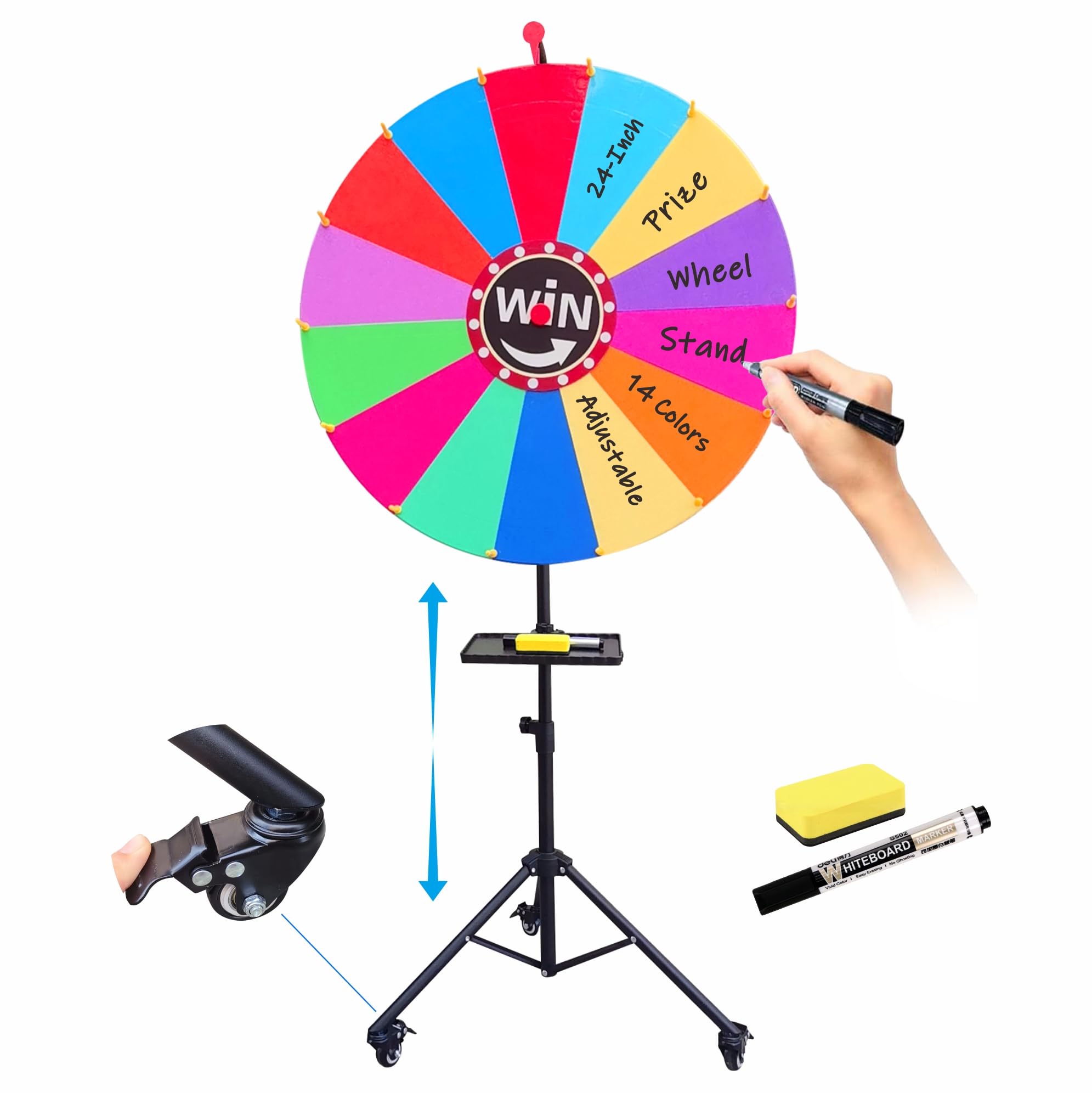 Photo 1 of Yuneme 24-inch Spinning Prize Wheel with Wheels, Adjustable 37"-65" Height Spin Doodle Game Spinner, Storable Prize Wheel Spinner with Tripod Stand, Wheel of Fortune Game, 14 Colors