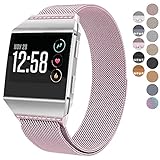 For Fitbit Ionic Bands, hooroor Magnetic Closure Clasp Mesh Loop Milanese Stainless Steel Metal Sport Band Accessories for Fitbit Ionic Smartwatch (Rose Pink Band with Pink Diamond, Small)