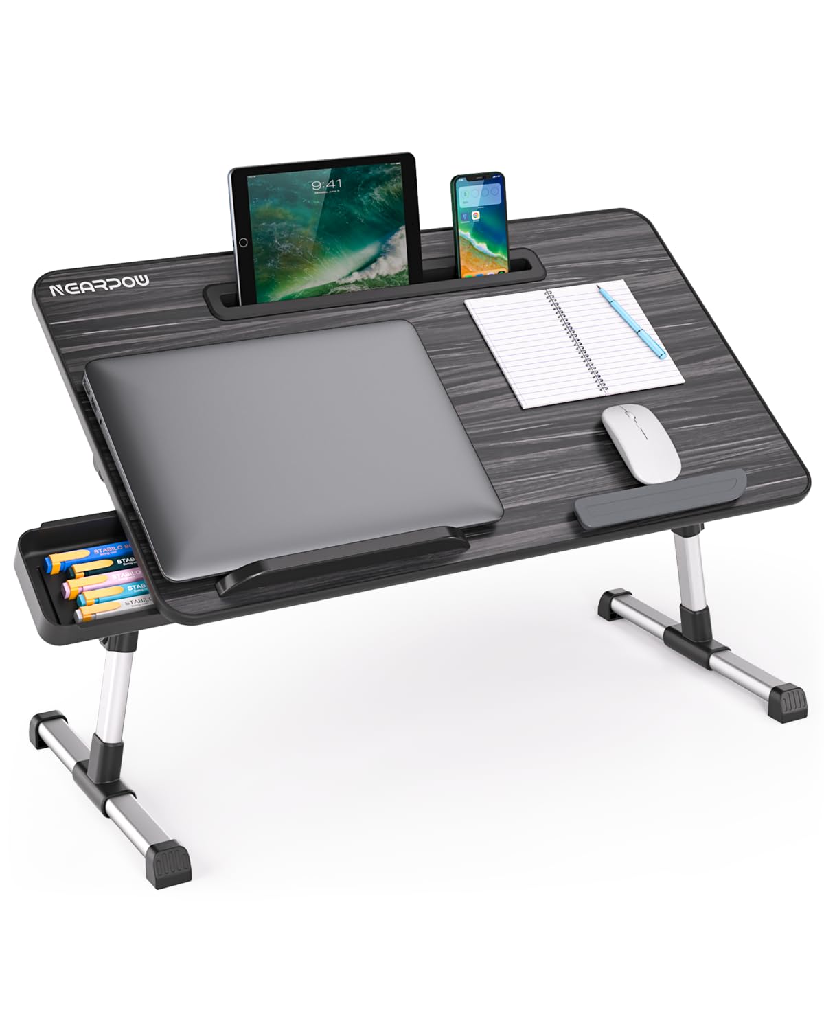 NEARPOW Laptop Desk for Bed, Larger Size Bed Table Laptop Bed Tray, Height and Angle Adjustable Computer Standing Desk Lap Desk with Foldable Legs for Reading and Writing in Bed, Sofa, Couch (Black)