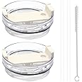40oz Tumbler Lid Compatible for Stanley, 2 Pack Replacement Tumbler Lids Fit for Stanley Adventure Quencher 40oz Travel Tumbler with Plastic Straws and Cleaning Brush - Cream