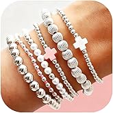 5PCS Gold Beaded Bracelets for Women Dainty Pearl Trendy Jewelry Clay Stack Stretch Bracelets Birthday Valentines Day Gifts for Women