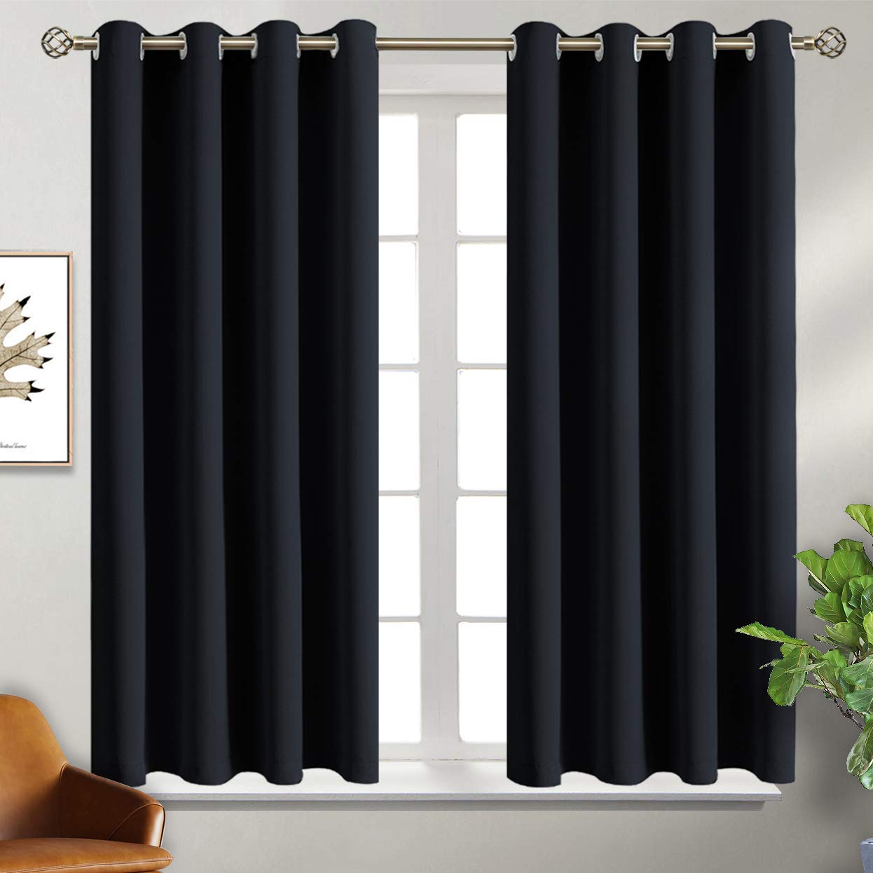 BGment Blackout Curtains for Bedroom - Grommet Thermal Insulated Room Darkening Curtains for Living Room, Set of 2 Panels, Each 46 x 54 Inch, Black