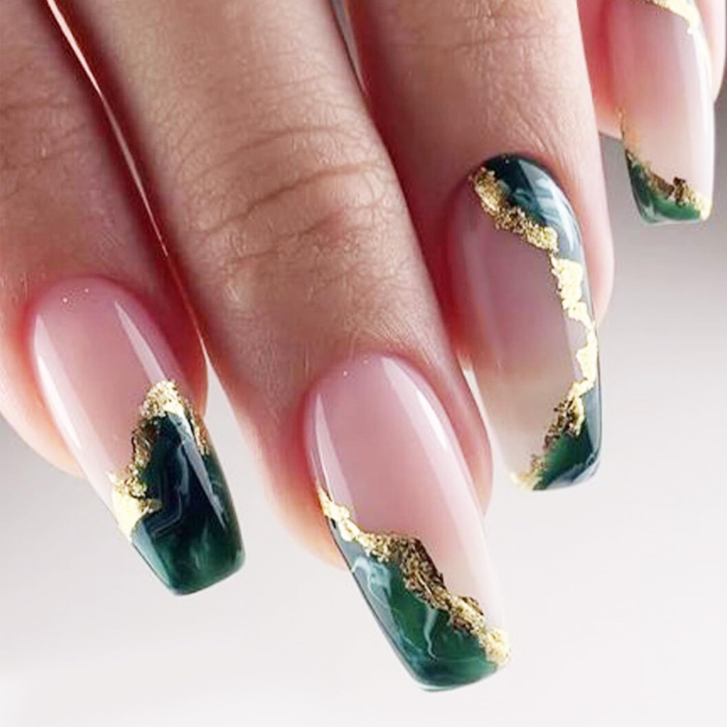 Photo 1 of Dark Green Press On Nails - Medium Marble False Nails with Glitter Designs, Glossy Gold Foil, Coffin Shape, Reusable Acrylic, Full Cover Artificial Nails, Glue On, 24pcS