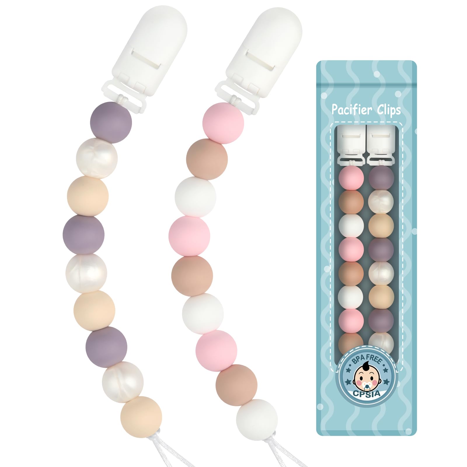 Kowlone Dummy Clips Boys Girls Silicone Soother Pacifier Chain Binky Holder Set for Teething Baby Unisex Newborn Dummies(Pink)