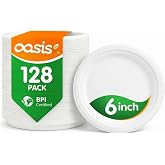 OasisSN 6 Inch Paper Plates 128 Pack, Small Dessert Plates Disposable, Heavy Duty Compostable Sugarcane Bagasse Plates for Cake, Snacks, Kids Meals &amp; Parties, White