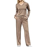difficort Women's 2 Piece Lounge Sets Casual Travel Airport Outfits Side Slit V-Neck Tops & Wide Leg Pants Matching Set