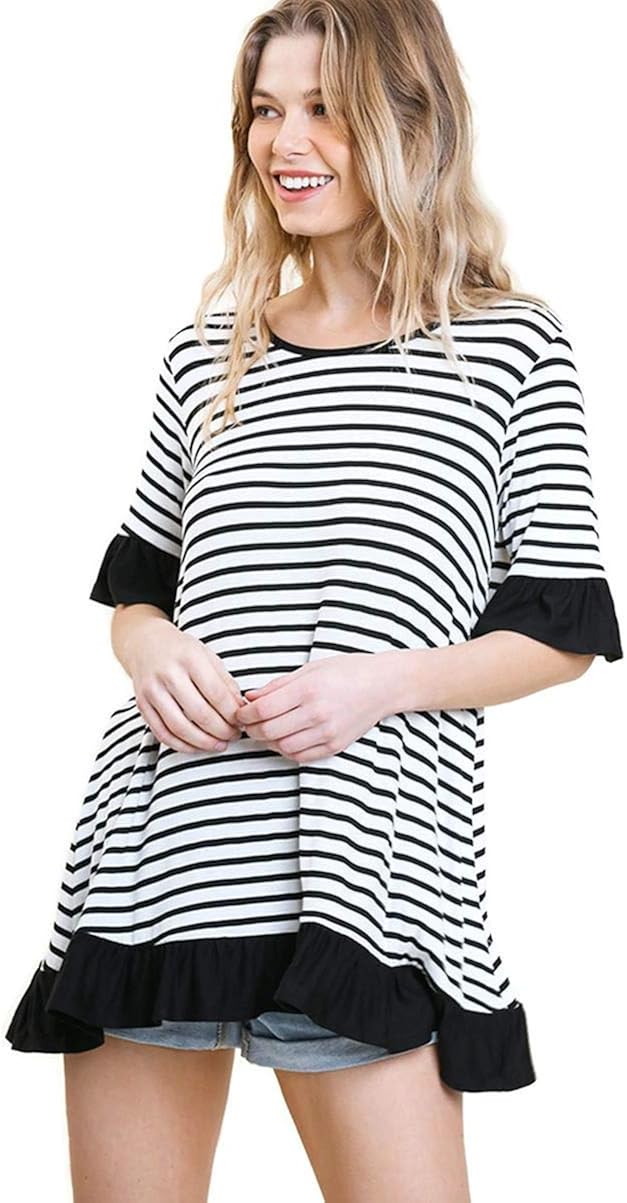 umgee USA Women's Striped Ruffle Tunic Top (Medium, Ivory/Black) at