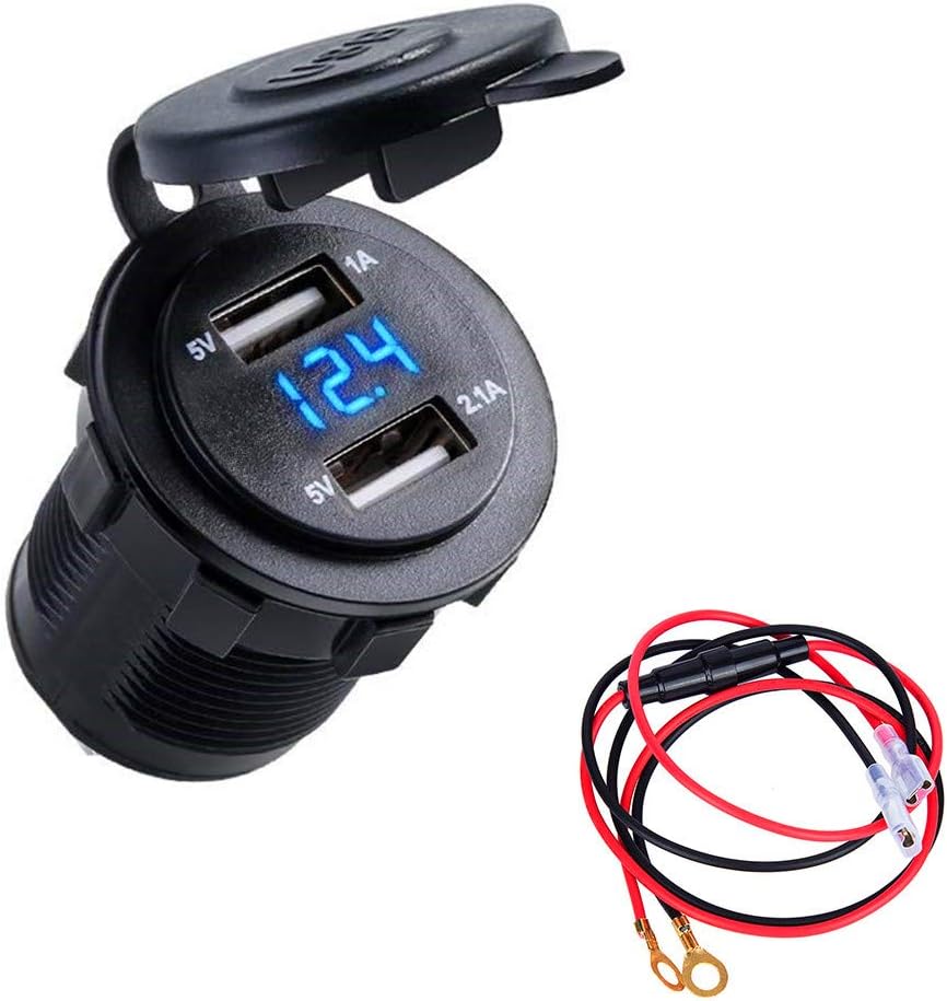 BREADEEP USB Charger Socket, 3.1A Dual Port Power Outlet with Voltmeter & Wire Fuse for Car Boat Marine Motorcycle 12-24V