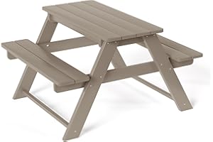 Costaelm Kids Picnic Table, HDPE All Weather Outdoor Toddler Picnic Table and Chair Set Kids Bench for Patio, Backyard, Garden, Lawn, Weathered Wood