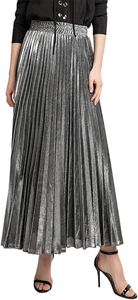 ORANDESIGNE Women's Pleated Skirt Basic Versatile All Seasons High Waist Swing Full Length Long A-line Maxi Skirt