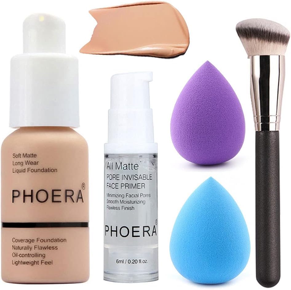 5PCS Liquid Foundation Set Matte Liquid Full Coverage Foundation with Face Primer Brush Makeup Sponge Makeup Set (#103)