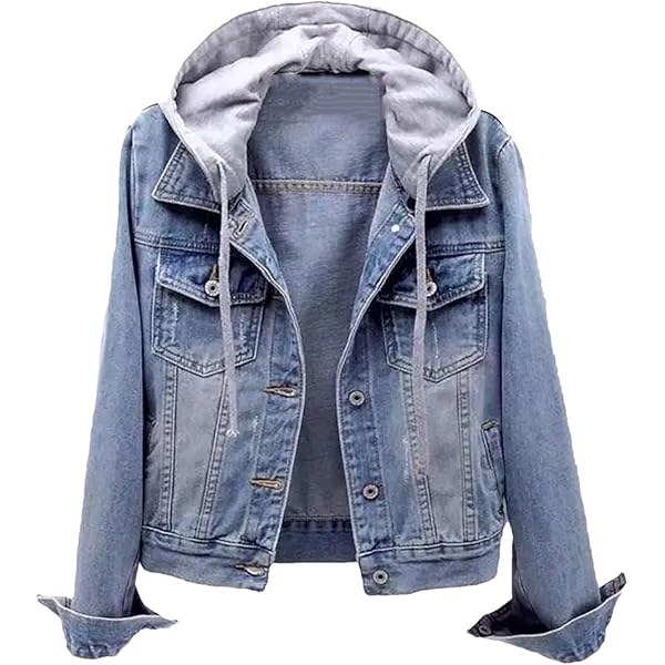 Women's Denim Jacket With Hood Casual Hoodie Drawstring Long Sleeve Button Down Distressed Jean Jacket With Pockets