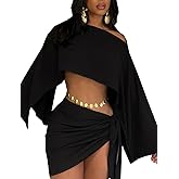 JYAOVO Women's 2 Piece Outfits Batwing Off Shoulder Irregular Crop Top and Mini Skirt Set Sexy Matching Sets