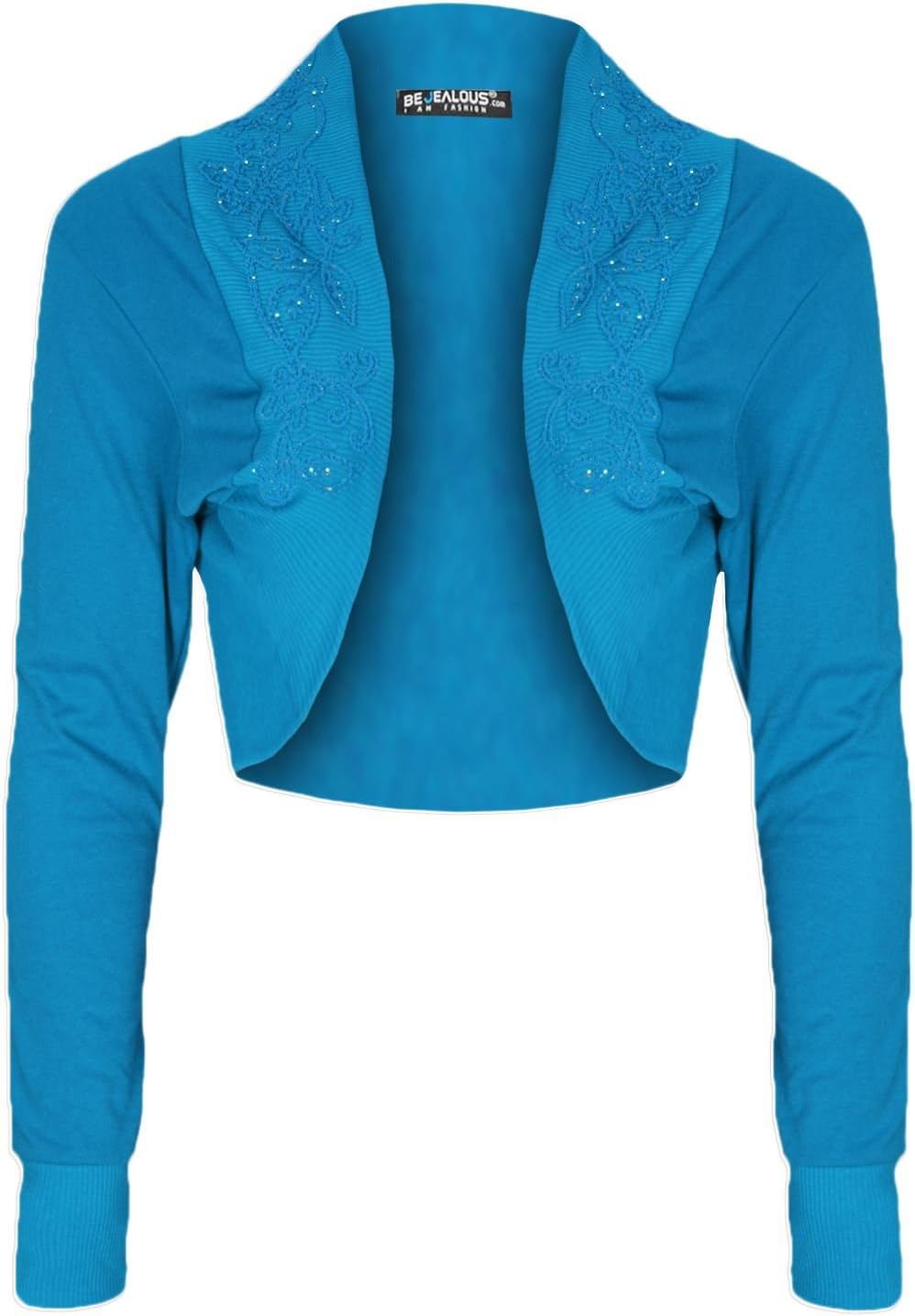 Womens Ladies Diamantes Beaded Studded Stretchy Cotton Bolero Cardigan Shrug Crop Cropped Top