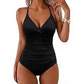 Hilor Women's Tummy Control One Piece Swimsuits Halter V Neck Push Up Slimming Bathing Suits Ruched Swimwear