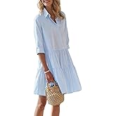 chouyatou Women's Striped Button Down Shirt Dress Loose Casual Cuffed Sleeve Tiered Mini Tunic Dress