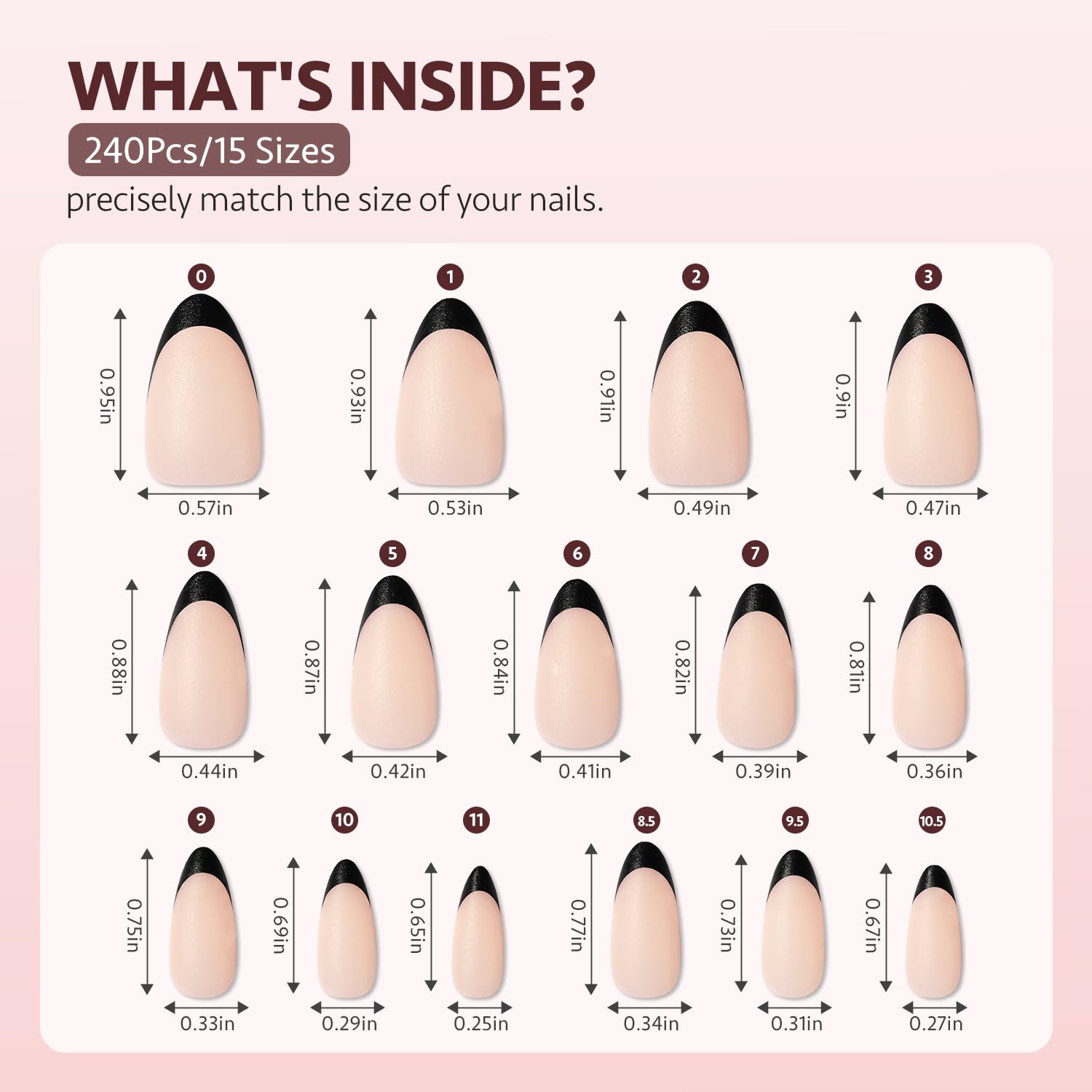 GAOY Black French Gel Nail Tips, 240Pcs Press on Nails Natural Nude Medium Almond, Pre-applied Primer and Base Coat Cover, 15 Sizes Pre-filed Fake Tips for Extension - Image 5