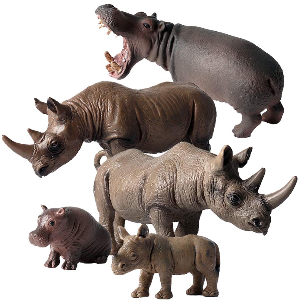 FLORMOON Animal Figures - 5pcs Realistic Hippo & Rhino Action Model - Plastic Wild Animal Learning Party Favors Toys - Educational Forest Farm Toys Birthday Cupcake Topper For Boys Girls Kids Toddlers
