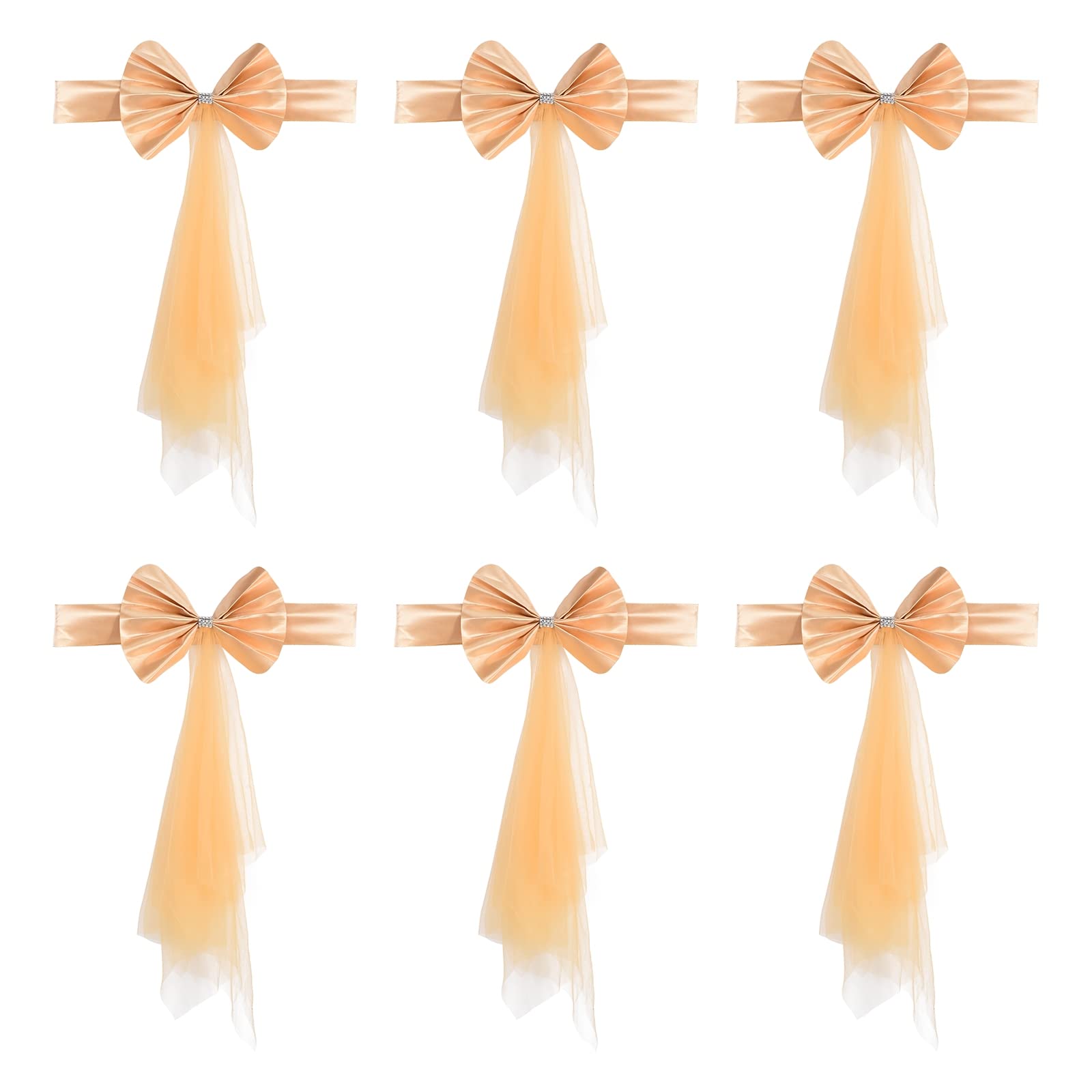 PATIKIL Stretch Satin Chair Sashes Bows, 6 Pack Chair Bands Decoration with Mesh Yarn Floating Tied for Wedding Banquet Events, Champagne
