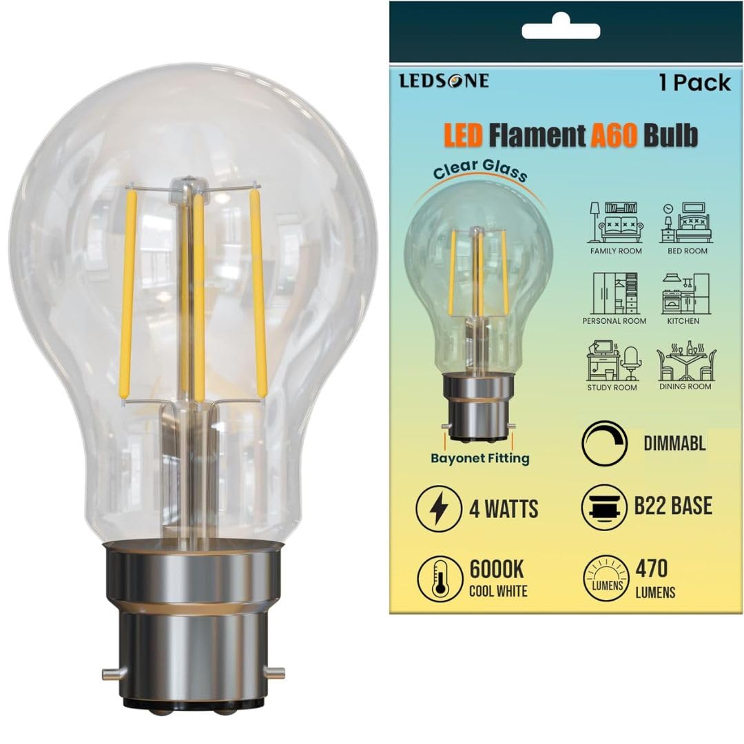 LED B22 A60 Light Bulb | 4W (40W Equivalent) 6000K Cool White Dimmable LED Filament Bayonet Base Energy Saving | Retro 450Lumen GLS Golf Bulbs for Home Living Dining Area Decorations (Energy Class A+)