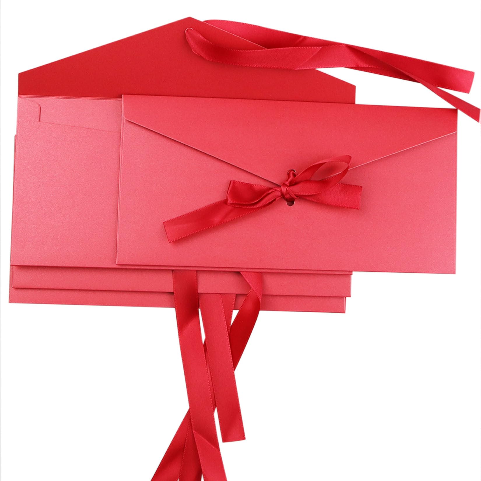 4 Pack Kraft Paper Envelopes with Ribbons, 22 * 10.9cm Luxury Mailing Envelopes, Invitation Envelope for Festival, Party, Greeting Cards, Gift Cards - Red