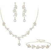 EleQueen Women's Simulated Pearl Wedding Jewelry Set, Cubic Zirconia Marquise Floral Bridal Necklace Earrings Bracelet Sets