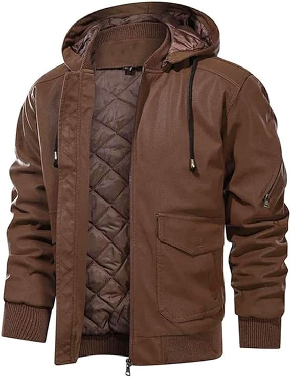 WWWML Men's PU Leather Jacket Motorcycle Removable Hood Coat Warm