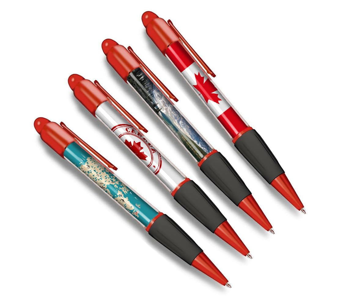 DV DESIGN Set of 4 Canada Red Ballpoint Pens - Canadian Flag Maple Leaf Travel Holiday Stationary Boys Girls Men Women Theme Pen Black Ink #81367