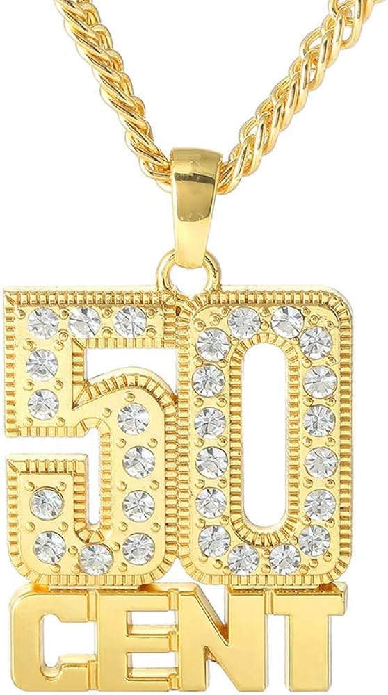 Gold Chain with 50 Cent Necklaces for Men Women,Stainless Steel Rhinestone Jewelry,Rapper Chains