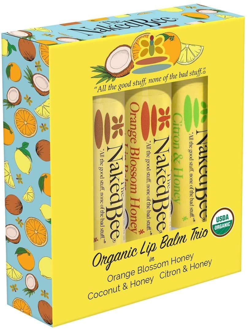 The Naked Bee Ladies Organic Lip Balm Trio Gift Set Multipack | Orange Blossom, Coconut, Citron & Honey | Moisturising Lip Care Collection for Women