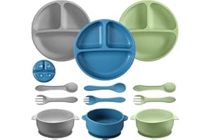 Chengu 12 Pcs Silicone Bowl with Suction Set for Baby Toddler with Suction Plate, Spoon and Fork, Divided Design Baby Feeding Utensils Weaning Kit, Dishwasher and Microwave Safe