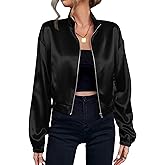 Verdusa Women's Bomber Satin Lightweight Jacket Drop Shoulder Long Sleeve Zip Up Outerwear