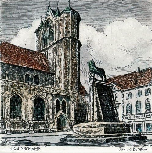 Hand-colored hand-crafted etching Braunschweig, Dom und Burglöwe (Germany) by Peters as plain page, graphics, art design, art print