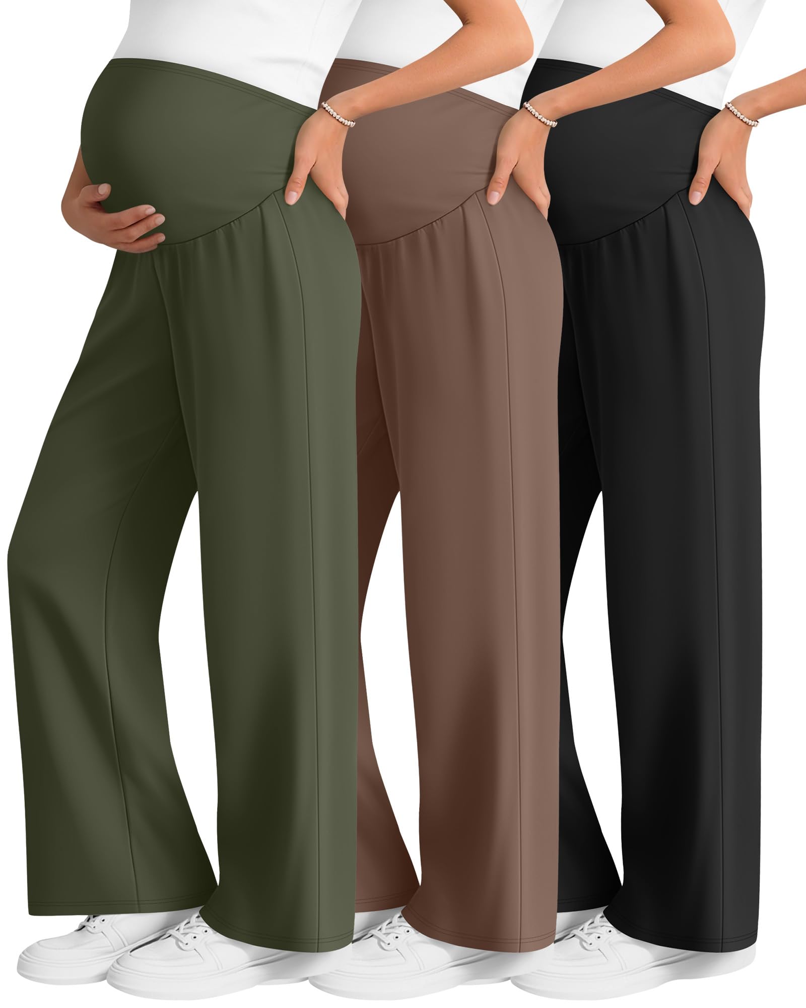 Photo 1 of **INCOMPLETE, SEE NOTES** Sweetyweee 3 Pack Women's Maternity Wide Leg Pants Over The Belly Pregnancy Lounge Pants Stretchy Loose Pajama Trousers(Army Green, Coffee, Black,XX-Large)