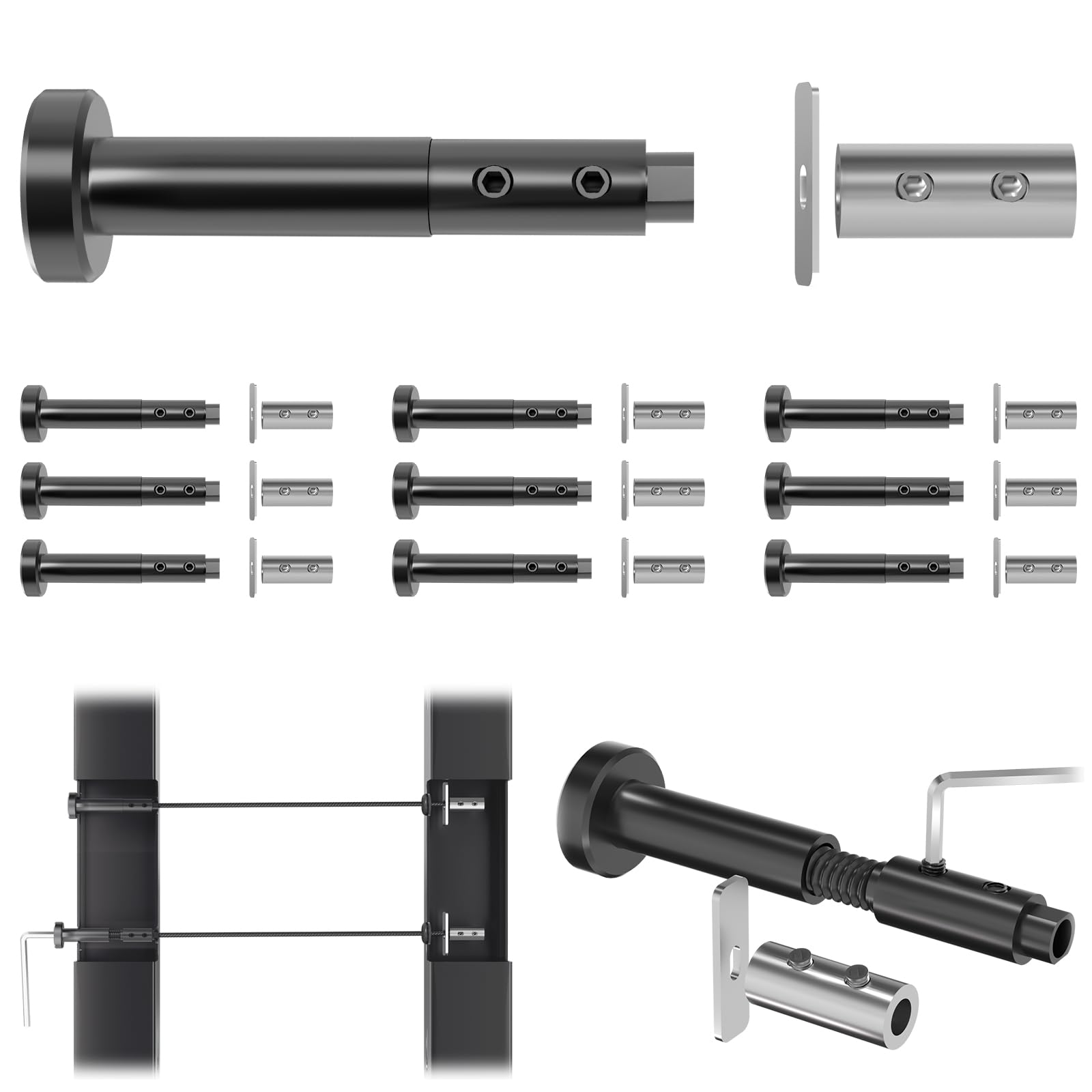 Photo 1 of [Patent] Gyykzz 10Pairs Black Swageless Invisible Cable Railing Kit, T316 Stainless Steel Reusable Tensioner & Fixed End, Screw-Locking Hardware No Crimping, Fit for 2"x2" Metal Railing Post System